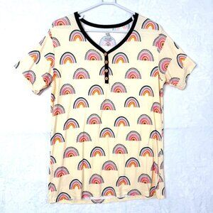 Birdie Bean Theo Lounge Top Henley Short Sleeve Shirt Womens L Yellow Rainbow
